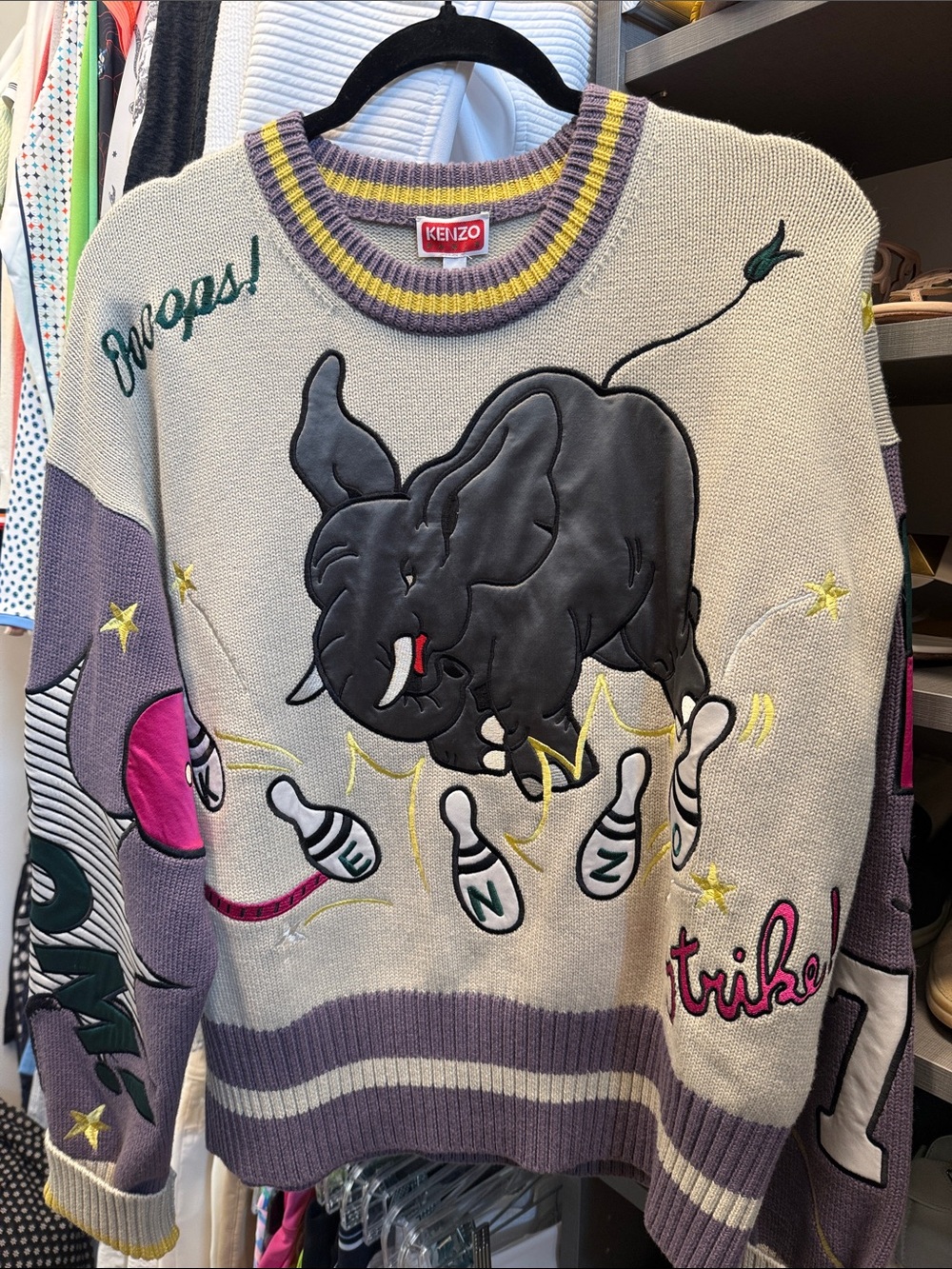 Kenzo Beige Crewneck Sweater with Black Embroidered Elephant & Purple Trim
